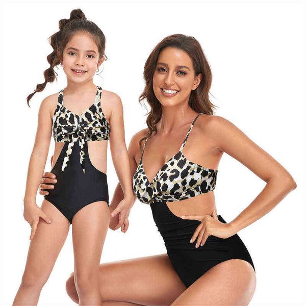 

family matching swimwear mother kids clothes women baby girls leopard print and daughter bikini swimsuit l220715, Blue