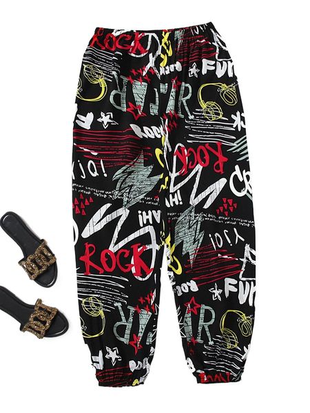 

graffiti print tapered pants 41sd#, Black;white