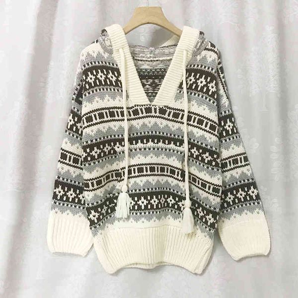 

women's sweaters wool jacquard hooded sweater women's autumn winter wool coat medium length, White;black