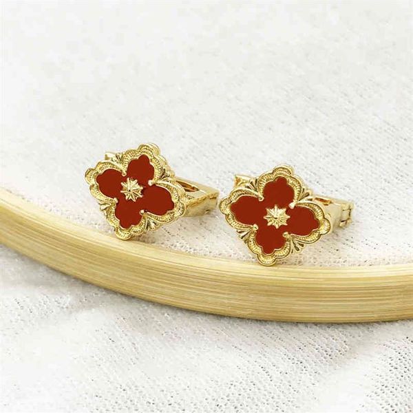 

2022 vintage solid color lucky four leaf clover charm earrings for women copper ear studs jewelry luxury gift2071, Golden
