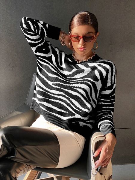 

zebra striped pattern drop shoulder sweater e185#, White;black