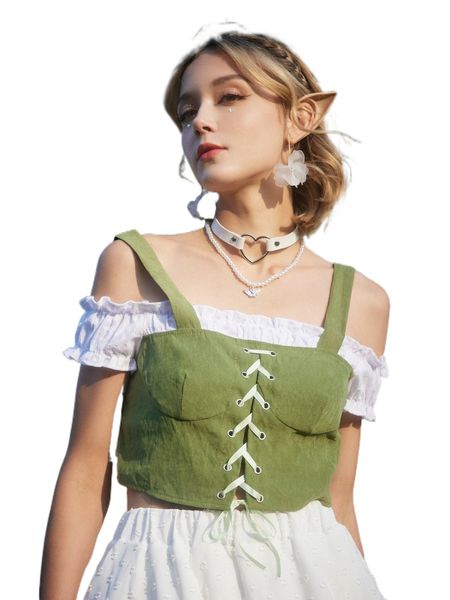 

romwe 2 in 1 lace up blouse 1881#, White