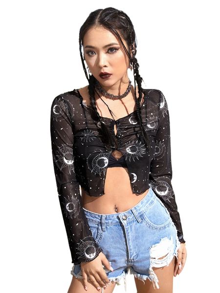 

romwe sun & moon graphic button front mesh without bra m2ug#, White