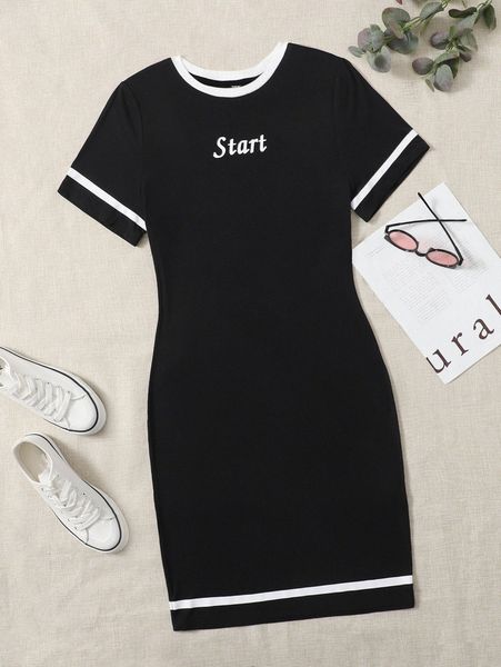 

plus letter graphic contrast trim dress a1ey#, Black