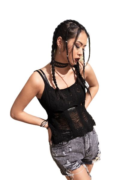 

romwe gothic grunge distressed cami knit 11to#, White;black