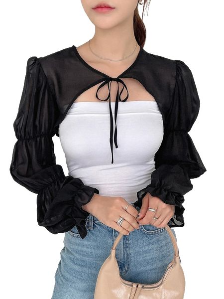 

dazy 1pc gathered sleeve tie front crop k6ra#, White