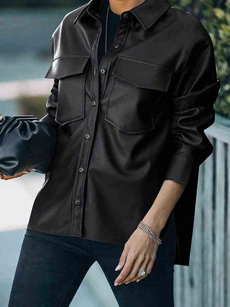 

jacket women casual long sleeve single breasted pu leather jacket coats fashion streetwear elegant vintage female clothing l220728, Black