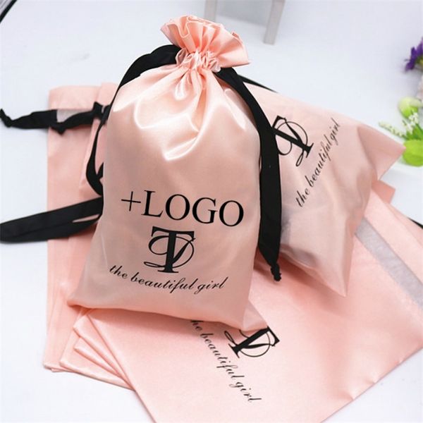20PCS Pink Satin Hair Packaging Jewelry Cosmetic Makeup Silk Drawstring Pouch Party Gift Storage Bustina Print Shoe Bag 220706