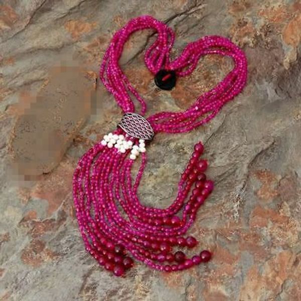 

6 strands 4-10mm faceted round fuchsia agate necklace zircon pave pendant, Silver