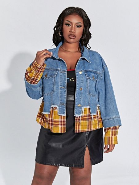 

plus plaid print drop shoulder raw cut 2 in 1 denim jacket n4gu#, Black;brown