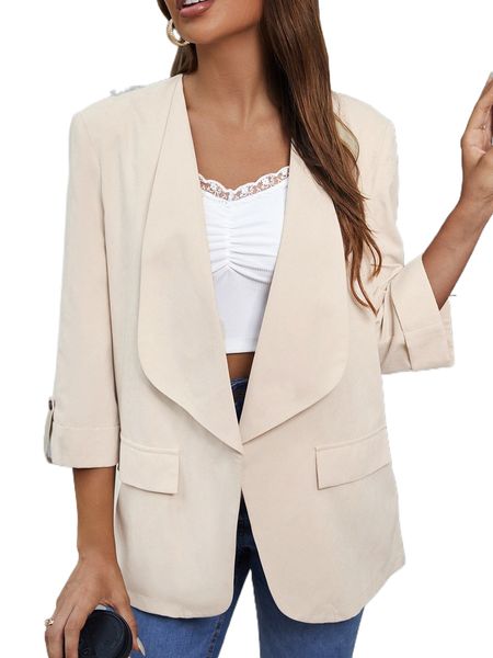

waterfall neck roll tab sleeve open front blazer n8pq#, White