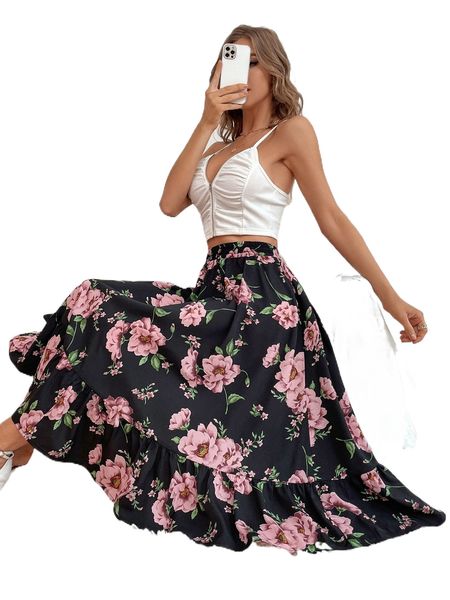 

floral print ruffle hem skirt q4pl#, Black