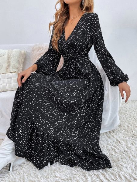 

polka dot bishop sleeve a line dress p6rx#, Black;gray