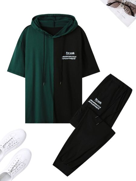 

men letter graphic colorblock drawstring hooded tee & shorts f2zm#, Gray