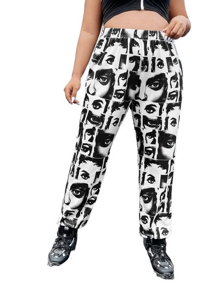 

plus figure graphic pants j9mi#, Black