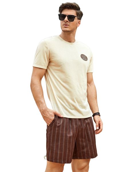 

men striped & letter graphic tee & shorts m2of#, Gray