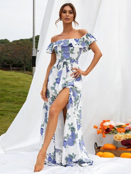 

missord floral print split thigh bardot dress w33m#, Black;gray