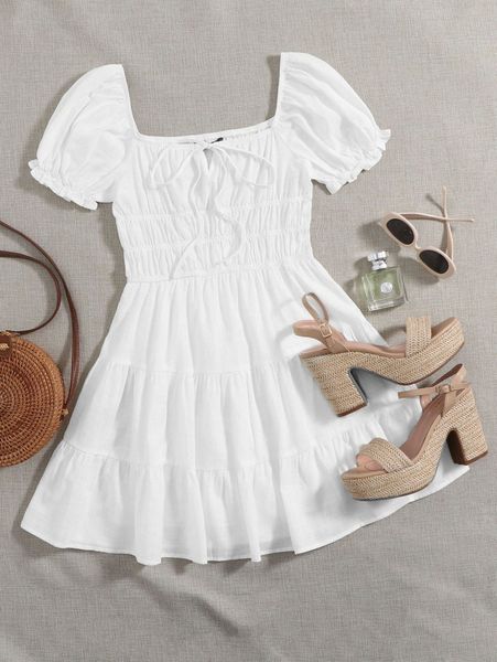 

plus scoop neck puff sleeve ruffle hem dress z1bo#, Black