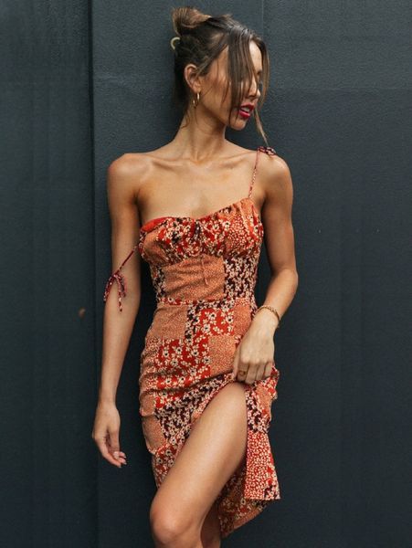 

floral scarf print tie shoulder ruched bust dress m4ji#, Black;gray