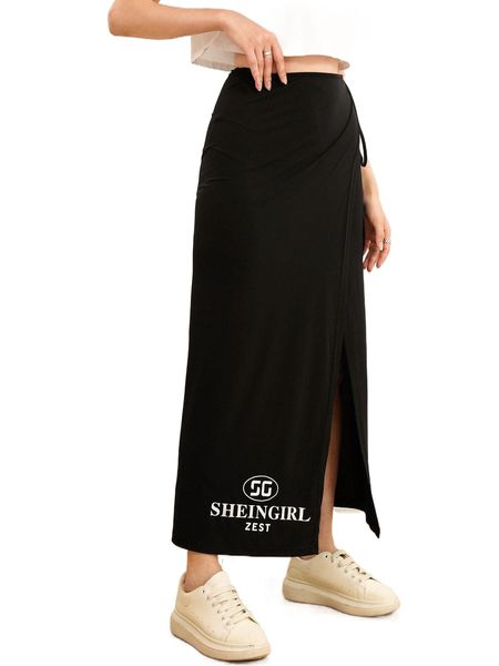 

letter graphic knot side wrap skirt m5sa#, Black