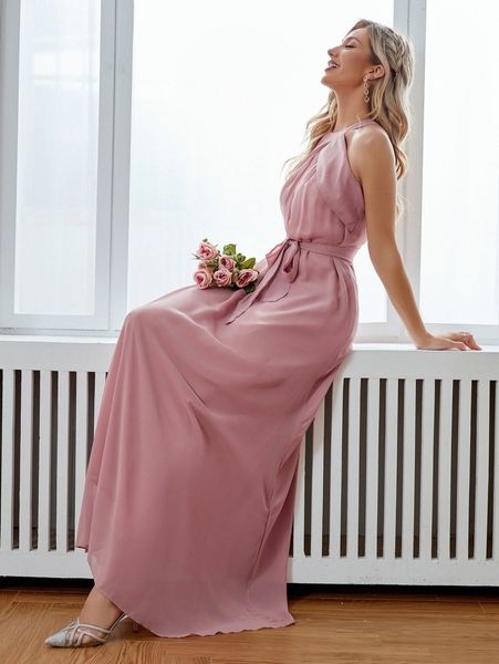 

solid self tie maxi dress l62w#, Black;gray