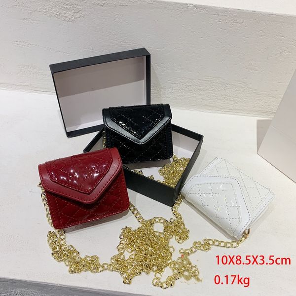

designer kids metal chain purse girls letter patent leather one shoulder bag children messenger bags a8541, White