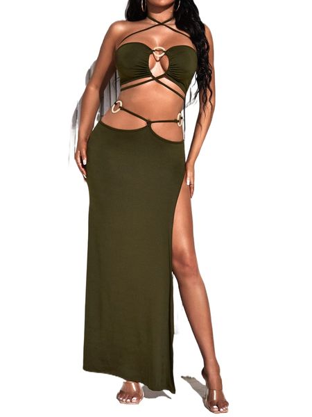

sxy o-ring detail crisscross halter & cut out slit skirt y8co#, White