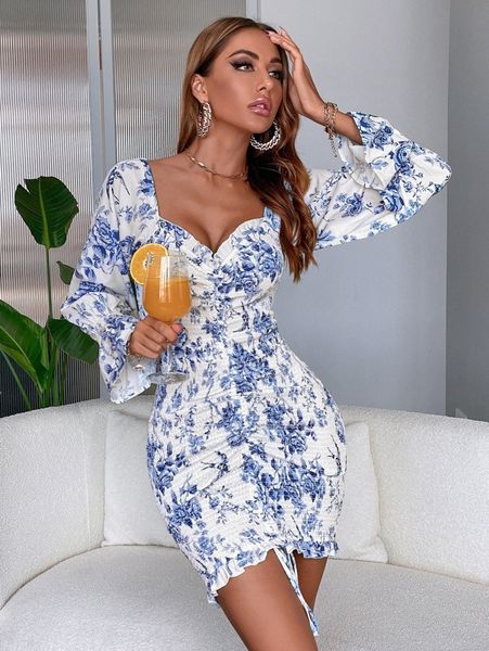 

floral drawstring front bodycon dress f9vj#, Black;gray