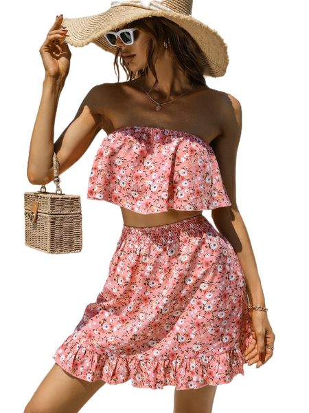 

ditsy floral print tube & ruffle hem skirt t2y5#, White