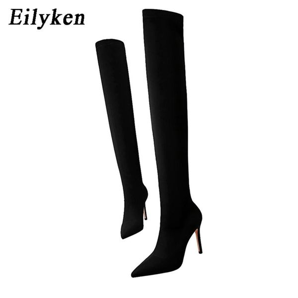 

eilyken autumn winter glitter women thigh elegant thin heeled over the knee high heels sock boots shoes293v, Black
