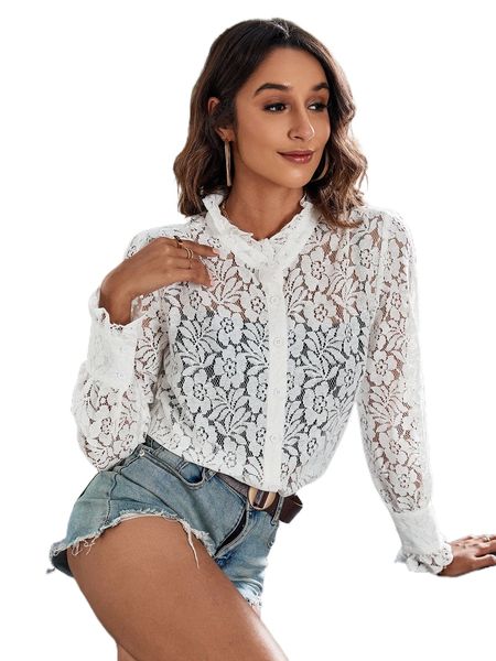 

frill neck button through floral lace 063h#, White