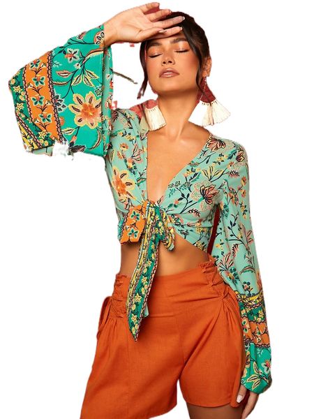 

floral print tie front trumpet sleeve 35qt#, White