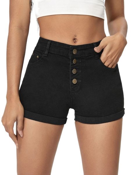 

button front rolled hem denim shorts a29o#, White;black