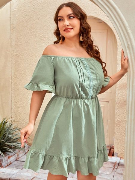 

plus off shoulder flounce sleeve dress o2pu#, Black