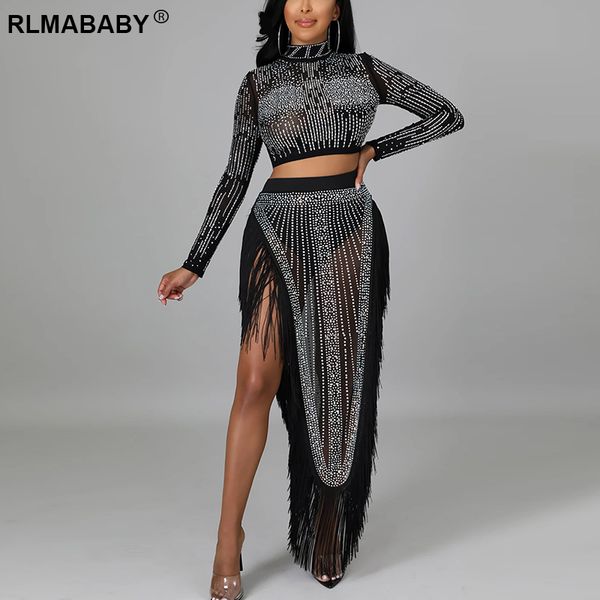 

night club party crysatl transparent 2 piece set women turtleneck crop and high waist tassel asymmetrical skirts set, Black;gray