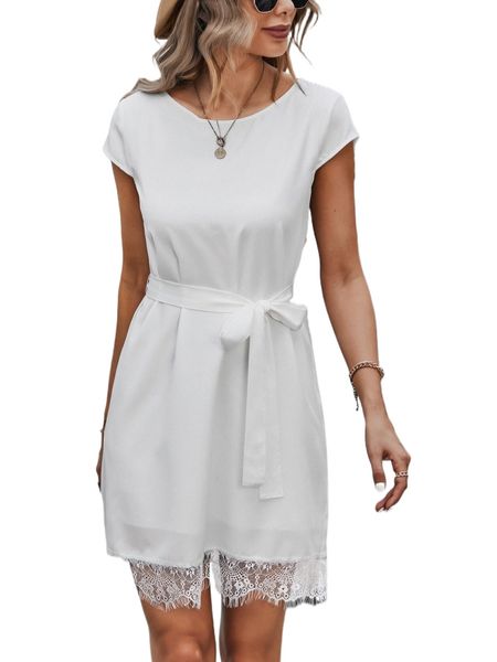 

batwing sleeve eyelash lace trim belted dress w7ju#, Black;gray