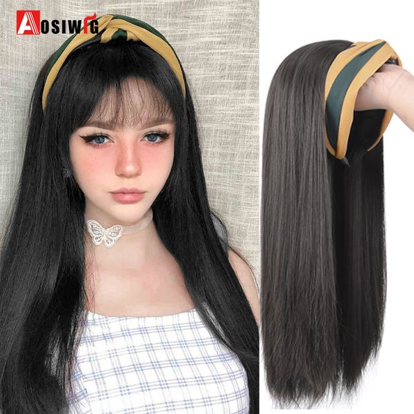 

costume accessories aosi long straight headband wig christmas clip in hair extensions synthetic fake hairpiece black natural hair for women, Silver