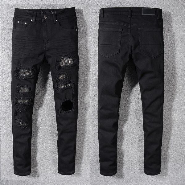 Jeans masculinos se encaixam em jeans preto preto para caras homem motociclista slim rasgado hip hop hip hop regular moto fit street rivet patches