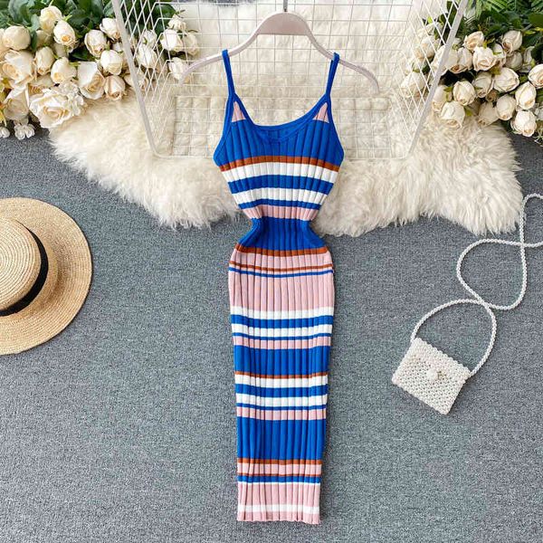 

casual dresses ins super fire elegant style knitted dress round neck open back sleeveless closed waist thin stripe contrast hip wrap skirt 7, Black;gray