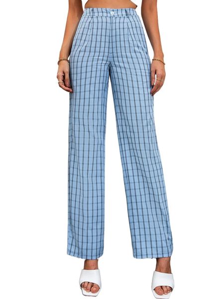 

plaid straight leg pants 68pa#, Black;white
