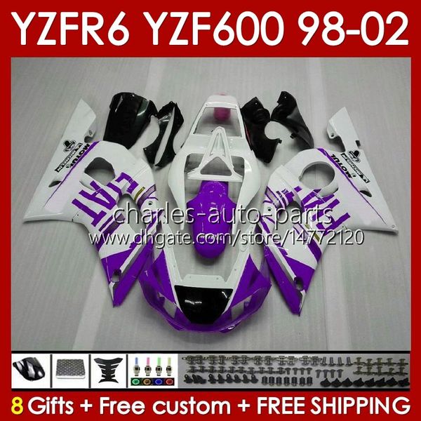 Estação corporal para Yamaha YZF-600 YZF R6 R 6 600CC YZFR6 1998 1999 00 01 02 BODYWORK 145NO.203 YZF 600 CC Cowling YZF-R6 98-02 YZF600 98 99 2000 2001 2002 Fairing Kit Glossy Purple Purple