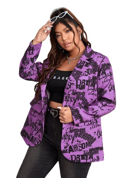 

plus allover letter graphic blazer v6hg#, Black