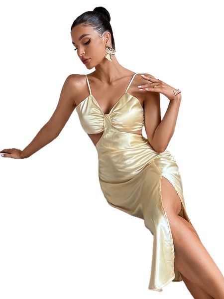 

tie backless split thigh satin cami dress z94d#, Black;gray