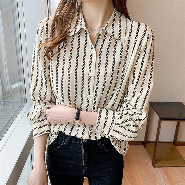 

fashion striped print office ladies shirts women's blouses summer casual long sleeve blusas mujer 210702, White