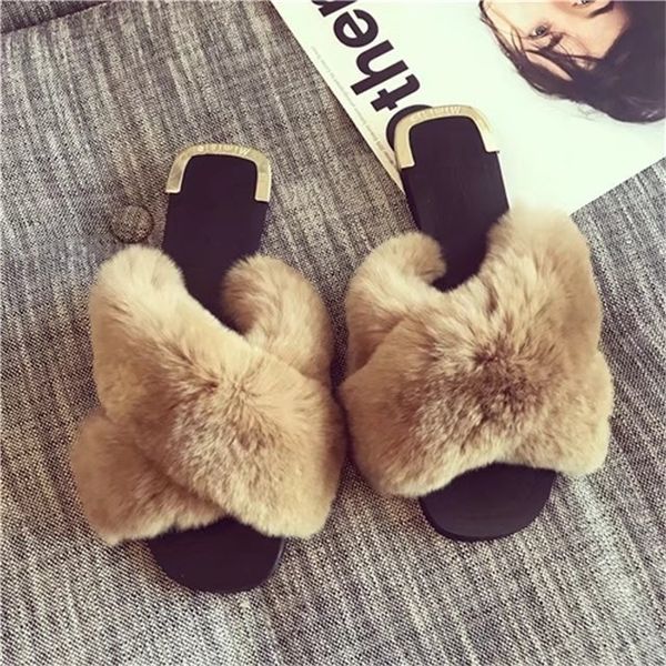 

beach flat women furry slippers fleece female cross with open toe short plush warm fur slippers metal female slides y201026, Black
