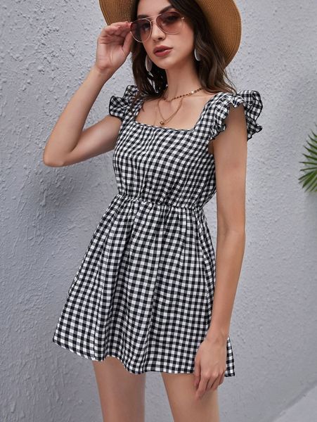 

ruffle armhole gingham dress l1tz#, Black;gray