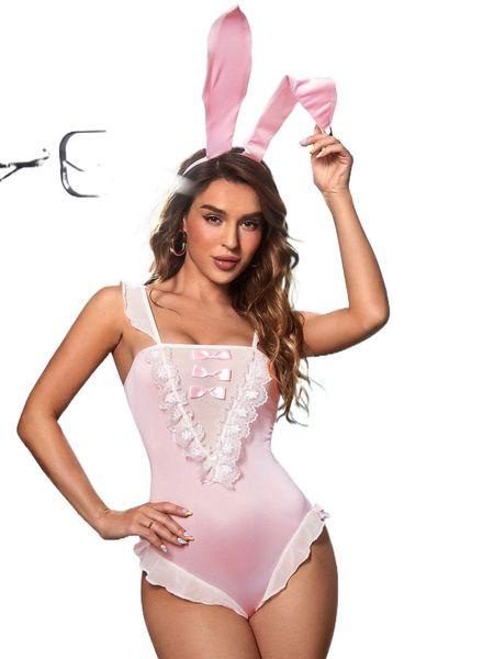 

bow front contrast lace ruffle trim teddy bodysuit & headband v3hz#, Black;red