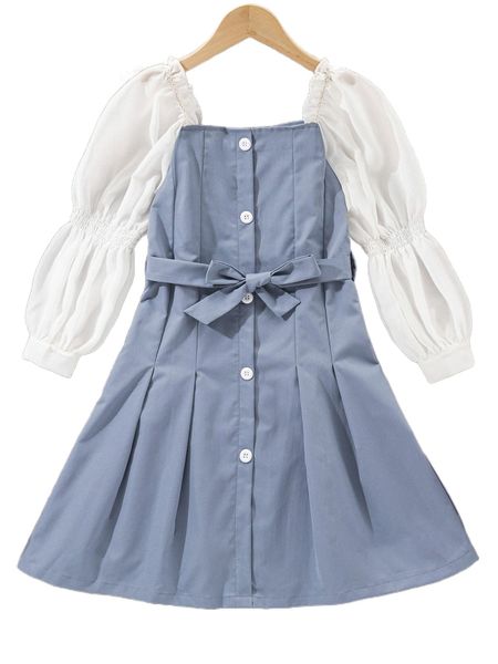 

girls colorblock gathered sleeve belted dress h0x5#, Black;white