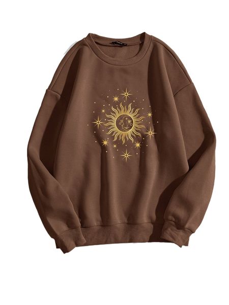 

abstract sun and moon print oversized thermal sweatshirt u3w1#, Black