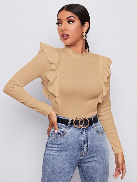 

frill neck ruffle trim form fitted 21ms#, White